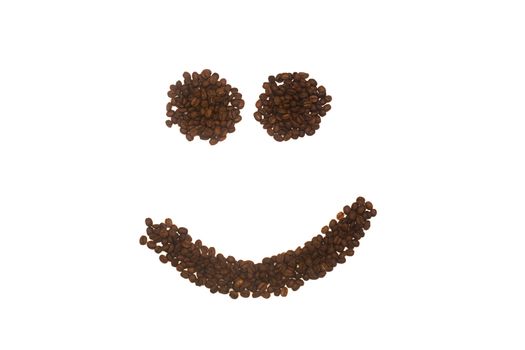 A smilie face made from roasted coffee grains, isolated on a white background.