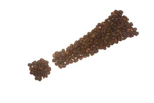 A exclamation mark made from roasted coffee grains, isolated on a white background.