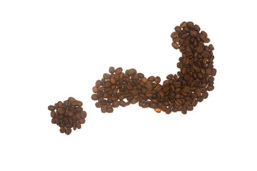 A question mark made from roasted coffee grains, isolated on a white background.