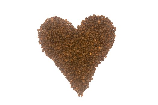 A heart made from roasted coffee grains, isolated on a white background.