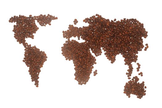 A world map made from roasted coffee grains, isolated on a white background.