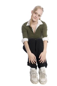 young woman on whit in a sitting pose