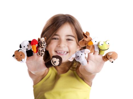 Cute and happy girl playing with finger puppets