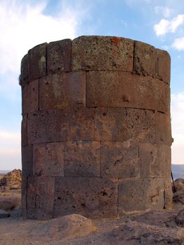 White, old, funeral tower in Sillustani, Lake Titicaca