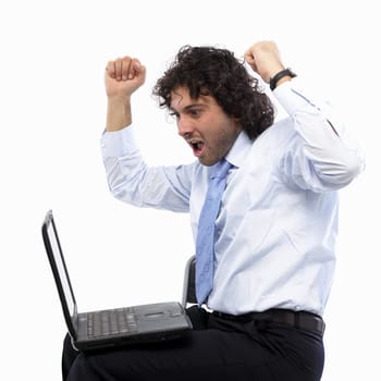 Arms Raised on Laptop isolated in white