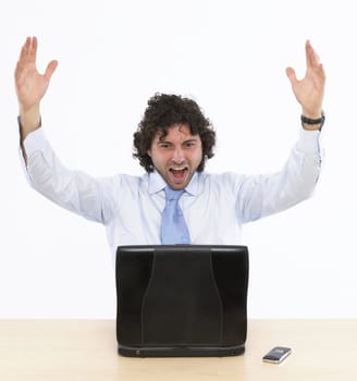 Arms Raised on Laptop isolated in white