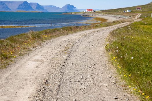 Gravel country route in Iceland. Unadsdalur. Summer time