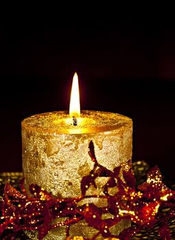 Christmas Decor, a burning candle with glossy leaves on a dark background.