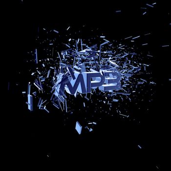 exploding letters mp3 on black background - 3d illustration