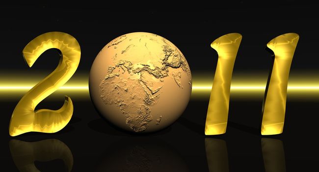 Gold new year 2011 with a yellow earth instead of zero in black background with a yellow line