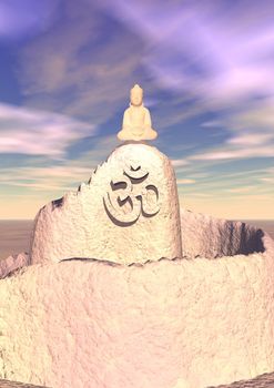 Small pink Buddha meditating at the top of a small mountain on which a aum / om is written