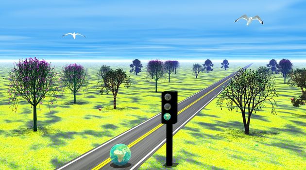 Green earth running on a road and passing a green earth traffic light to cross a beautiful landscape with many trees and birds