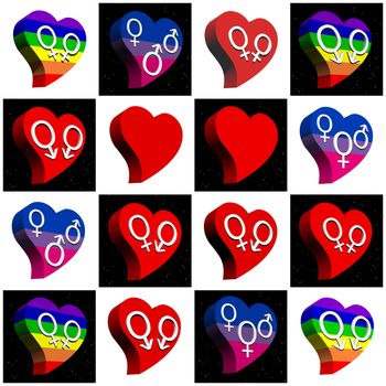 Collage for all kinds of love within hearts : gay, bisexual and straight