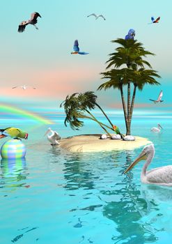 Many different beautiful birds flying in the sky with a rainbow and swimming in the ocean next to a small island made of sand and with a palm tree