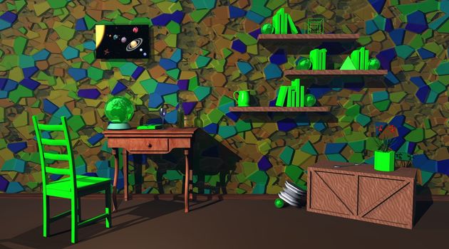 Green study room with a colored wall, a small library, green books and chair and earth