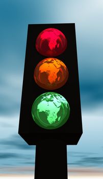 Black traffic light with red, orange and green earth as colors