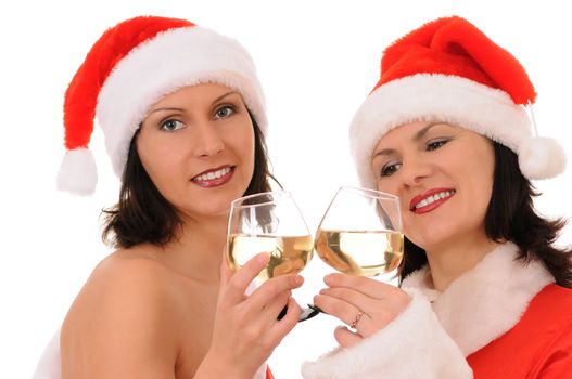 women santa with champagne isolated on white background