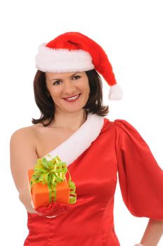 santa woman with gift isolated on white background