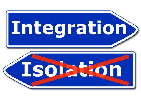 multi culti integration concept with road sign isolated on white background