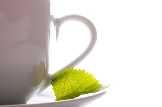 cup of tea or coffee with leaf and white copyspace