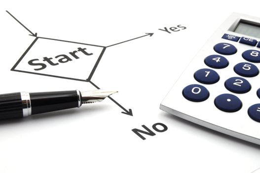 start or go concept with word in flow chart and pen