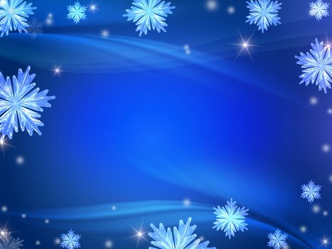 blue christmas background with crystal snowflakes, stars, rays and lights