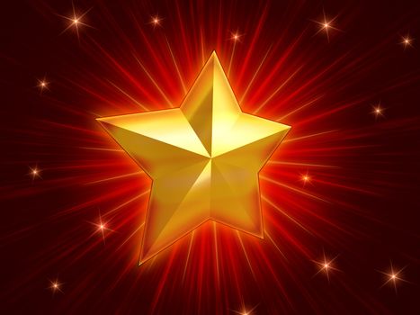 golden christmas star over red background with lights and rays