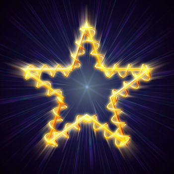 golden christmas star with spiral over blue background with lights and rays