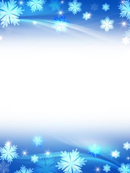 white blue christmas background with crystal snowflakes, stars and curves