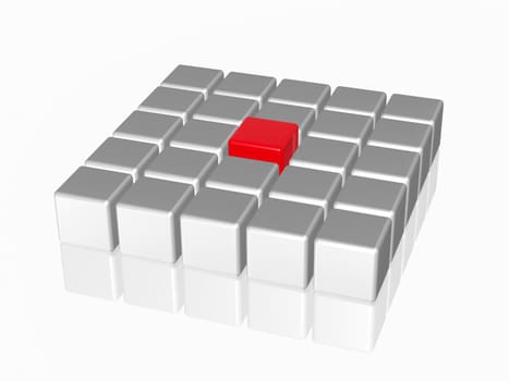 group of 3d white-grey cubes with one big red in the middle