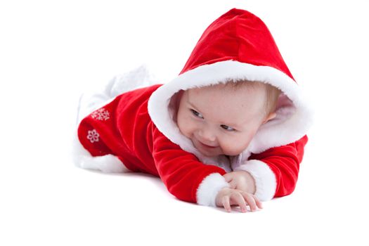 Adorable little baby girl on white background with christmas dress