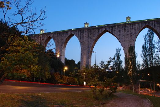 historic aqueduct in the city of Lisbon built in 18th century, Portugal