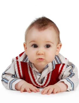 adorable 8 months cacasian baby boy, white background