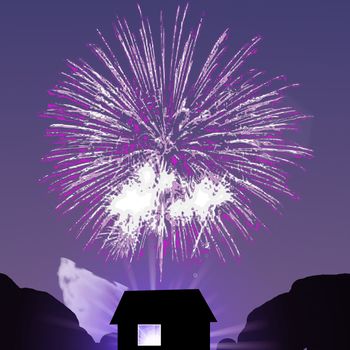 Fireworks burst over a house silhouetted against the evening sky.
