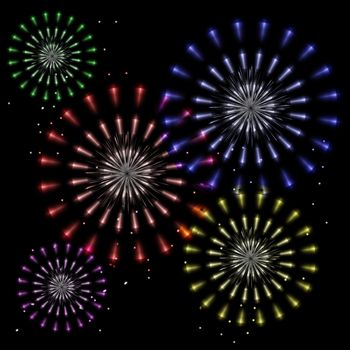 Colorful fireworks explode in flower shapes in a night sky.