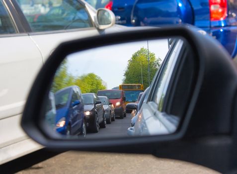 reflection in the mirror of a car, congestion
