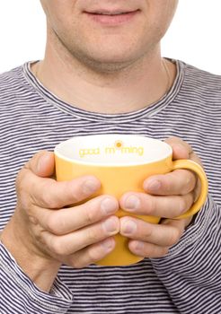 A man with a yellow cup  titled "Good morning"