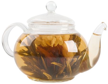 teapot with green tea on white background with clipping path