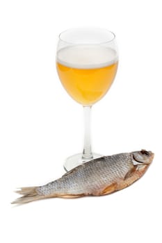 Goblet beer and dried fish insulated on white background