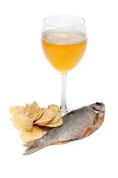 Goblet beer, dried fish and potato chips on white background