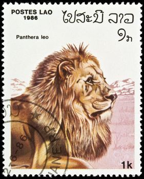 LAOS - circa 1986:stamp features a lion (Panthera leo), circa 1986 in the Lao People's Democratic Republic.