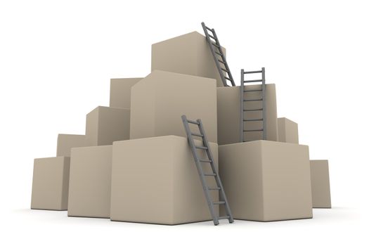 a pile of cardboard boxes - three grey ladders are used to climb to the top