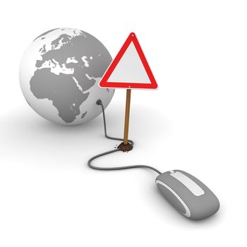 grey computer mouse is connected to a grey globe - surfing and browsing is blocked by a triangular red-white warning sign that cuts the cable - empty template sign