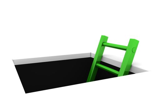 a rectangle hole in the white ground - metallic green ladder to climb out