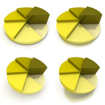 coloured pie chart - six shades of yellow  - four views