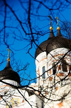 Gold crosses on Cupolas of Slavic Cathedral