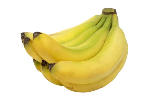 An isolated bunch of ripe yellow bananas.