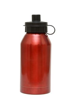 A red water bottle isolated on white background.