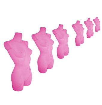 Row of many pink female showroom dummies