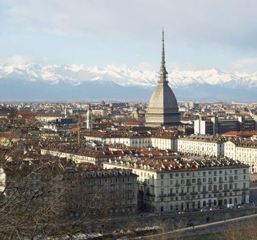 Turin panorama seen from the hill, with Mole Antonelliana (famous ugly wedding cake architecture)